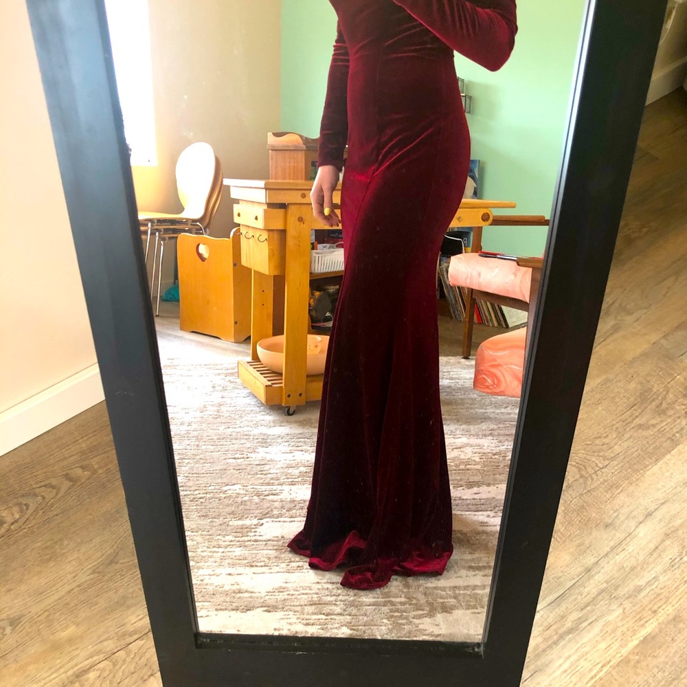 Formal floor length deep red velvet gown